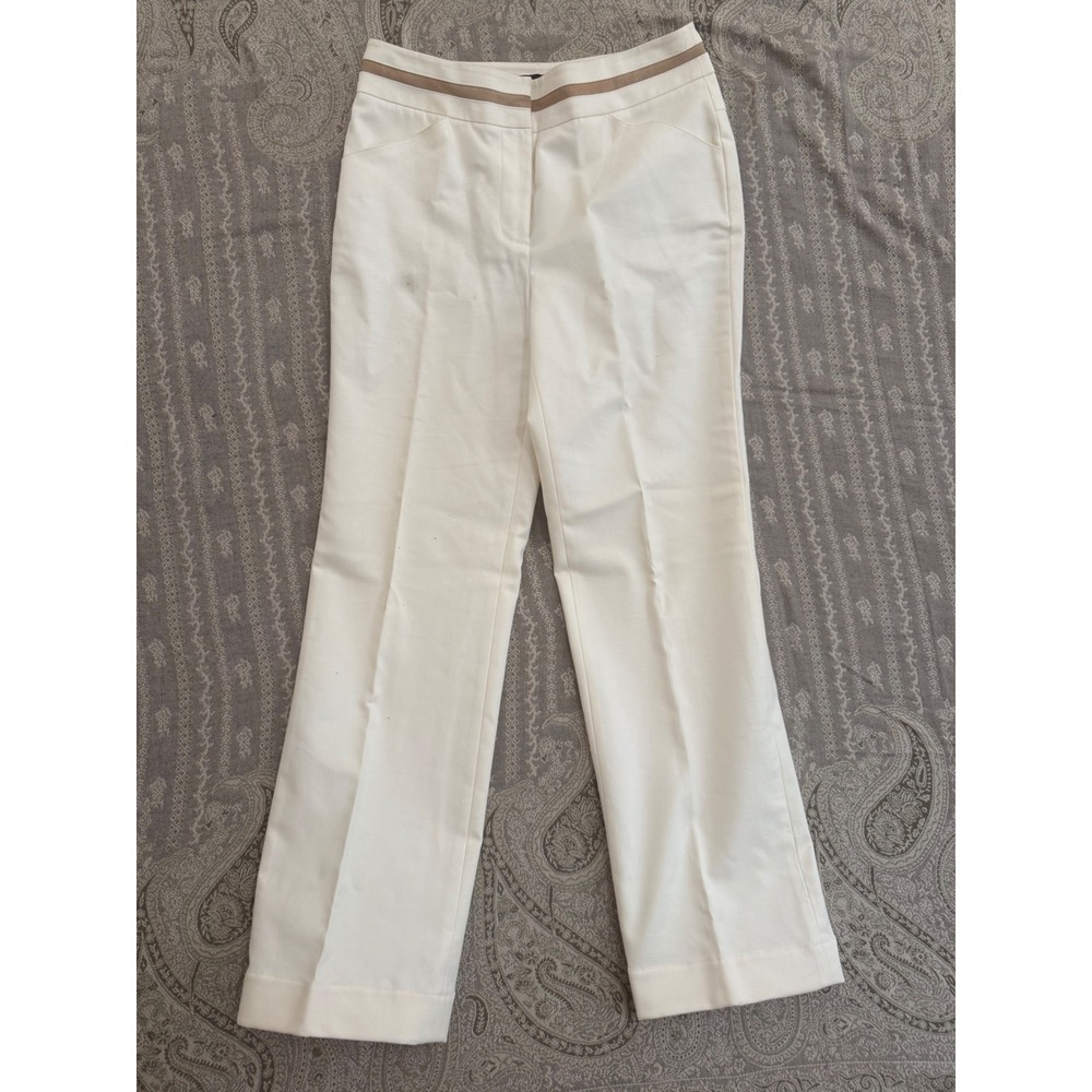 Camille La Vie Ivory Cotton Blend Straight Leg Trousers Tan Trim Size 4 4162P
